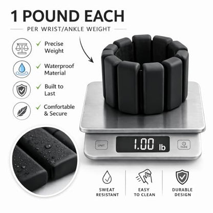 Elegance Adjustable Wrist & Ankle Weights for Women – Wearable Fitness Bracelets for Pilates, Yoga, Walking & Home Workout – Soft Silicone Weighted Bangles (Black)