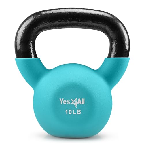 Yes4All Kettlebell - 5, 10 & 15 LB Neoprene Coated Cast Iron Kettlebells, Wide Grip Handle & Flat Bottom for Swings, Squats, Deadlifts, Push Ups & Full Body Training at Home Gym