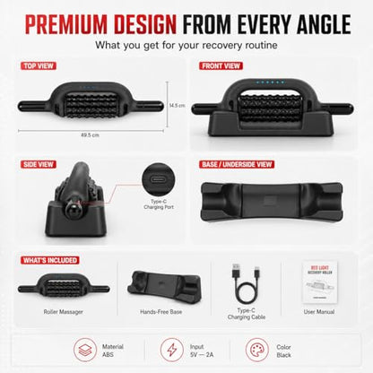 630nm Red Light Electric Rolling Massager with Hands-Free Base, 6-Speed Cordless Muscle Roller for Legs, Feet, Calves, Thighs & Back, Wide Massage Roller Stick for Post Workout Recovery (Black)