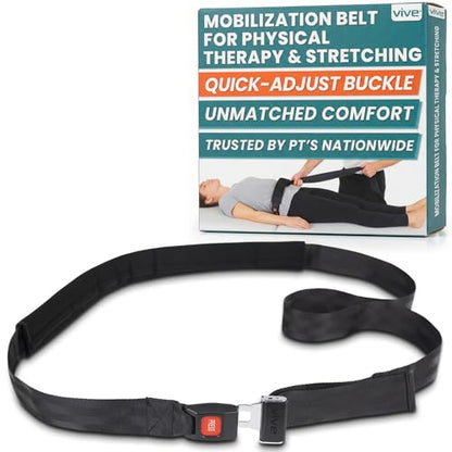 Vive Mobilization Belt for Physical Therapy with Buckle - Manual Traction Stretching Band - PT Traction Strap Belt for Stretching, Mobility, Massages & Exercise (Black)