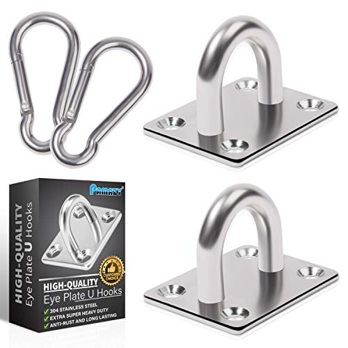 2PCS M8 Premium Heavy Duty Square Stainless Steel Pad Eye Hooks + 2PCS Snap Hooks and 8PCS Screws with 8PCS Plastic Expansion Tube, Ceiling Hooks Heavy Duty for Outdoor Indoor Activity