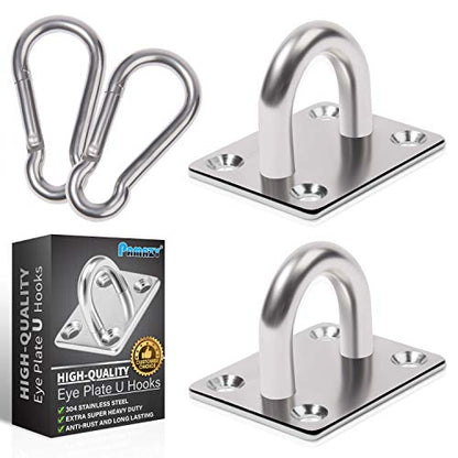2PCS M8 Premium Heavy Duty Square Stainless Steel Pad Eye Hooks + 2PCS Snap Hooks and 8PCS Screws with 8PCS Plastic Expansion Tube, Ceiling Hooks Heavy Duty for Outdoor Indoor Activity