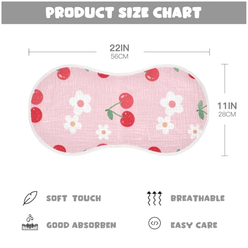 Pink Cherries Muslin Burp Cloths 2 Pack - Extra Large 22"x11", 4-Layer Soft Absorbent Cotton, Waterproof Backing, Baby Drool Rags for Newborn