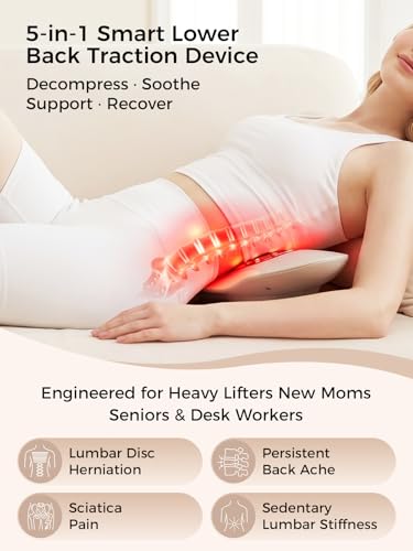 Ergonomic Lumbar Stretcher & Lower Back Massager, 5-in-1 Dynamic Airbag Traction Device with Heat & Vibration for Back Fatigue Relief, Waist Support & Posture Align, 15 Mins Auto-Off