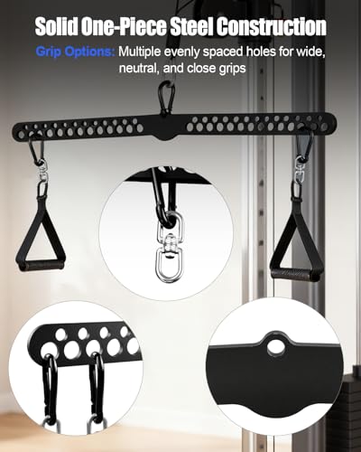 Multi-Grip LAT Pulldown Bar for Home Gym, 2 Extra Handles, Lat Pull Down Attachment with Swivel Bearings & Carabiners for Cable Machine Pulley System, Tricep Pushdown, Back Workout, Strength Training
