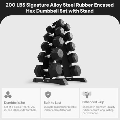 BalanceFrom Rubber Coated Hex Dumbbell Set with A-Frame Rack, Black – Solid Cast Iron Home Gym Weights with Chrome Handles for Full-Body Strength Training and Muscle Toning