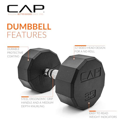 CAP Rubber Coated Dumbbell Weights, Free Weights for Home Gym Strength Training, Anti-Roll Hex Dumbbells with Black, Chrome & Comfort Grip Handles, Pairs & Sets - size: 35 lb - Pair, style: 12-Sided - Chrome Handle