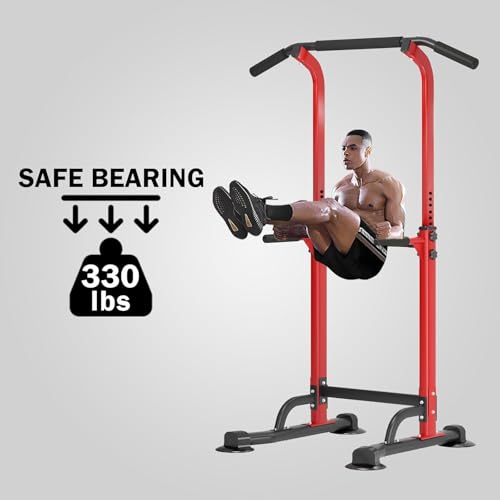 Multi-Functional Power Tower for Home Gym: Adjustable Pull Up & Dip Station with 400 LBS Capacity, Space Saving Strength Training Equipment for Men and Women - color: Red