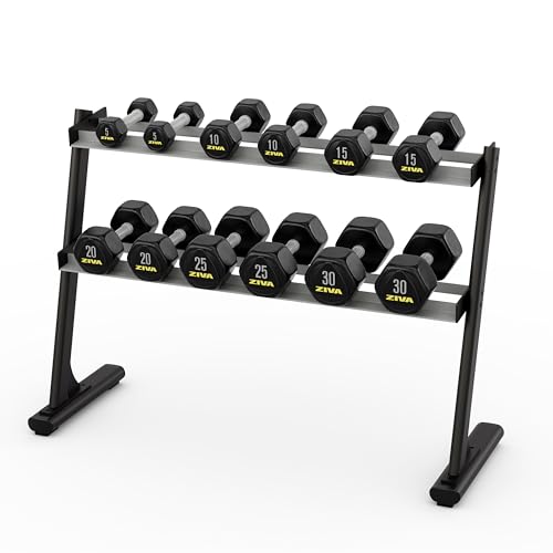 ZIVA Premium Hex Dumbbells – Commercial Grade Rubber Urethane Coated Free Weights for Strength Training, Weightlifting, Home Gym – Durable Steel Core – Sold in Pairs and Sets - style: u) 6 Pair Set + Rack