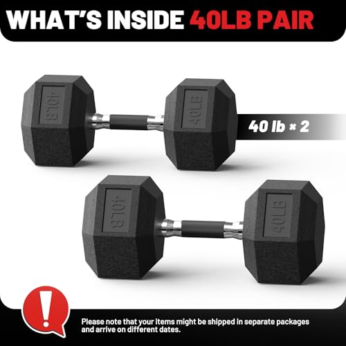 PAPABABE Hex Dumbbell Set with Rubber Grip 2.5-125lb, Odorless Rubber Coated Weight Fixed Dumbbells Set of 2/Single, Weights for Women at Home, Hand Weights for Home Gym & Strength Training,Pesas Para Ejercicios - size: 40 lb, Pair, style: Rubber Grip