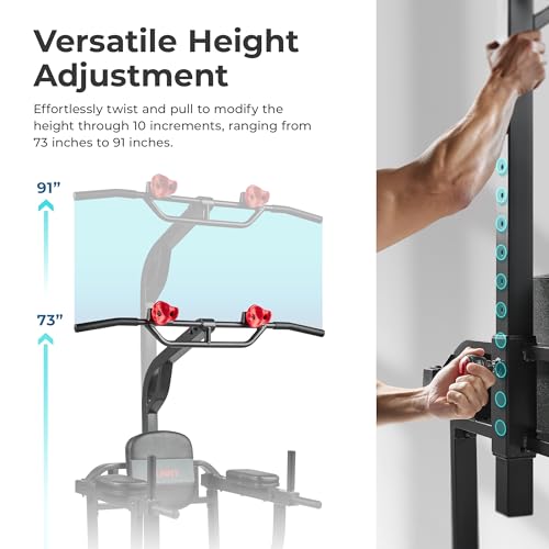 Sunny Health & Fitness Power Tower Dip Station & Pull-Up Bar, Multi-Function Strength Training Equipment with Captain’s Chair, Push-Up Bars & Core Workout for Home Gym