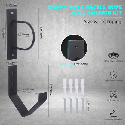 Exercise Rope Wall Mount Kit Heavy Duty Steel Wall Anchor and Storage Hook for 30-50 Ft, 1"-2.5" Ropes Durable Workout Rope Holder for Home and Gym Use