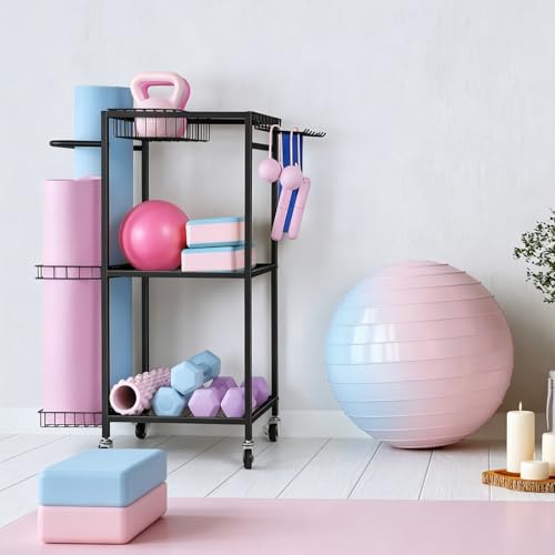 Workout Equipment Storage Rack Metal Yoga Mat Storage Rack, Weight Cart Home Gym Storage Rack with Wheels for Dumbbells, Yoga Mats, Kettlebells, Foam Rollers