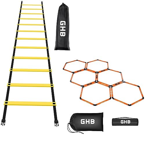 GHB Agility Ladder 1 Pack and Hex Agility Rings 1 Pack 12 Rung 20ft with 3 Carrying Bag