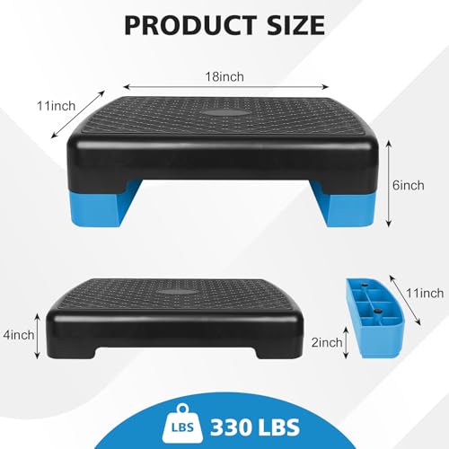 18'' Adjustable Aerobic Step Platform, Adjustable Fitness 4-6in Exercise Stepper Workout with 2 Risers, Aerobics Stepper Workout Stepper for Home Gym Cardio Strength & Training