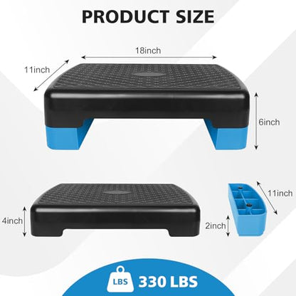 18'' Adjustable Aerobic Step Platform, Adjustable Fitness 4-6in Exercise Stepper Workout with 2 Risers, Aerobics Stepper Workout Stepper for Home Gym Cardio Strength & Training
