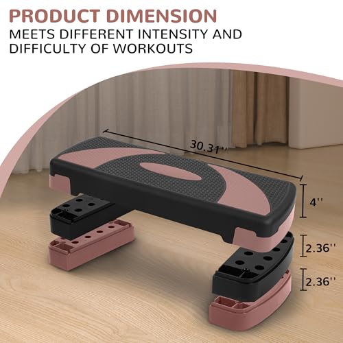 Fitvids Step Aerobic Platform, 31" Exercise Step with 3 levels Adjustable Height, 4 Stackable Risers, Fitness Training Workout Stepper for Home Gym, Cardio Strength, Black & Pink