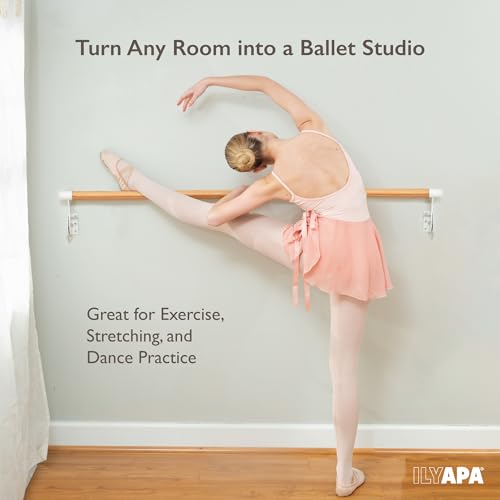 Ilyapa Ballet Barre Bare for Home - Wood Adjustable Wall Mount Ballet Bar Dance Equipment for Barre Workout & Ballet Stretching, Powdercoated White Brackets - size: 5 Ft 8 in.