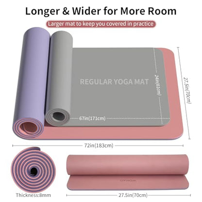 Extra Thick 8mm Yoga Mat, 72"x28" Non Slip Exercise Mat, Reversible 2-Sided Dual Color Premium POE Material, with Carrying Strap for Yoga, Pilates, Home Gym
