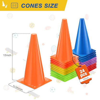 12 Inch Sports Cones Set of 24,Durable Training Cones for Soccer,Football, Basketball Drills - Multi-Purpose Agility Cones for Indoor & Outdoor Practice
