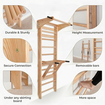 Swedish Ladder Wall Bars with Pull-Up Bar & Dip Station for Kids and Adults – Wooden Stall Bars, Multifunctional Home Gym Wall Ladder for Strength Training & Stretching