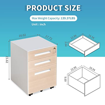 3 Drawer Locking File Cabinet, Under Desk Metal Filing Cabinet for Legal/Letter/A4 File, Fully Assembled Include Wheels, Home/Office Design (White+Cherry)