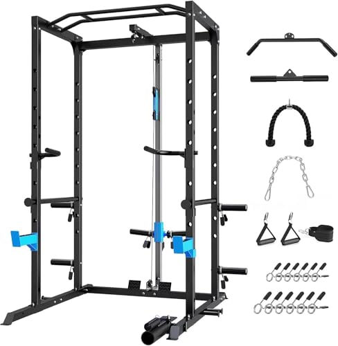 Power Cage, Multi-Functional Power Rack with J-Hooks, Dip Handles, Landmine Attachment and Optional Cable Pulley System for Home Gym - size: 240LB Weights Package+Flat Bench