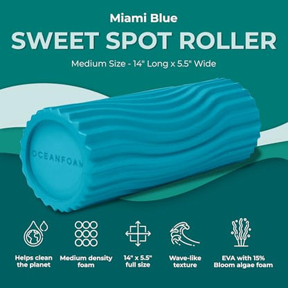 Sweet Spot Medium Exercise Foam Roller 14"x5.5" – Medium Density Travel Foam Roller for Physical Therapy, Deep Tissue Massage, Yoga, Pilates, Classic Exclusive Wave Texture (Miami Blue) - color: Miami Blue