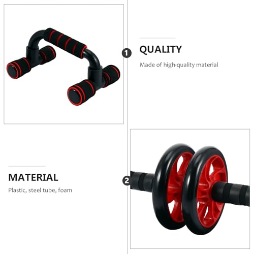 Abdominal Roller Wheel 7pcs Set Red Dual-wheel Exercise Roller with Knee Pads Unisex Core Strength Trainer for Home Ab Workout and Fitness Training