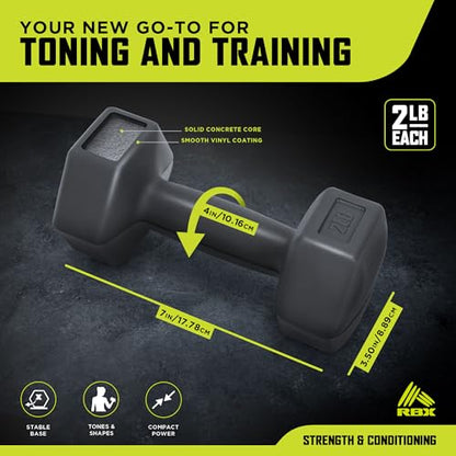 RBX Vinyl Coated Hand Weight Dumbbell Set - Hex Shaped, Roll Free for Body Building/Sculpting/Strength Training Exercise, (Set of 2)