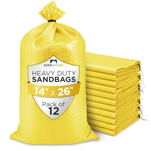 Heavy Duty Sand Bags Pack of 12, Bright Yellow Empty Sandbags with Built-In Ties, Woven Polypropylene UV Protection 1600 Hours, Fillable Bags for Flood Control, Weight, 14x26 inches, 50 Pounds Volume - size: 14"W x 26"L, style: Pack of 12