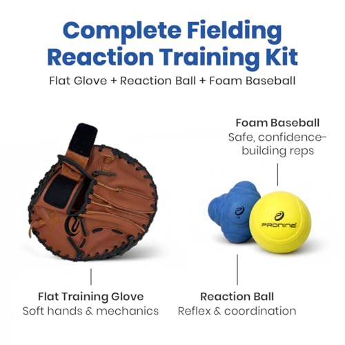 ProNine Sports Baseball Training Bundle – Flat Trainer Glove, Reaction Ball & Indoor Foam Baseball – Fielding Drills, Soft Hands & Hand-Eye Coordination Practice Equipment for Players & Coaches