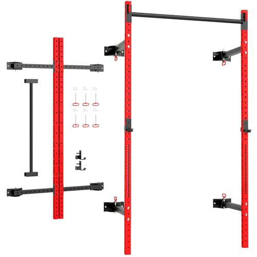 Soozier Folding Squat Rack with Adjustable Pull-Up Bar, 1000 Pounds Capacity Wall Mounted Power Rack, Adjustable Steel Barbell Rack with J Hooks for Home Gym Full Body Workout