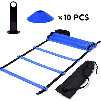 Agile Speed Training Kit 19ft Flat Ladder Athletic Training Ladder, 10pcs Disc Cones for Athletic Training (blue)