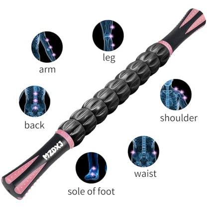 Muscle Roller Massage Roller Stick- Deep Tissue Fascia Blaster for Myofascial Pain Relief, Lymphatic Drainage & Body Sculpting, Handheld Physical Therapy & Recovery Tool (Pink black-18 inch) - color: Pink Black