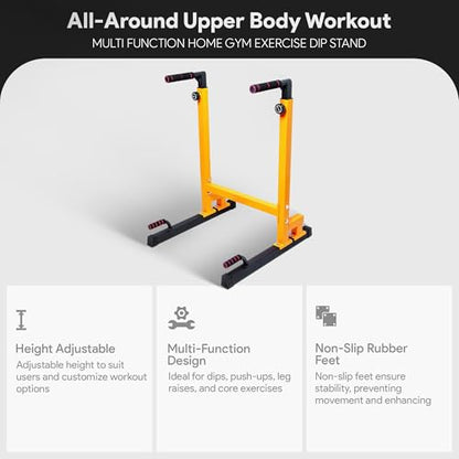 BalanceFrom Steel Frame Dip Station with Adjustable Height, 500 Pound Weight Capacity – Upper Body Workout Home Gym Equipment for Triceps, Push & Pull Ups, Leg Raises, and Bench Press - color: Yellow