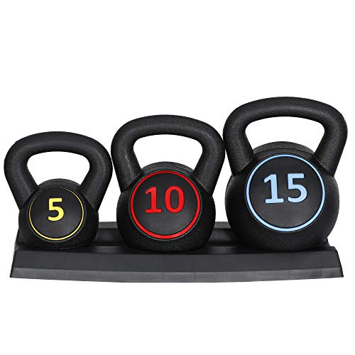3-Piece Kettlebell Set, Exercise Fitness Weight Set with Base Rack for Home Gym, Home Workouts, Strength Training, Include 5 lbs, 10 lbs, 15 lbs