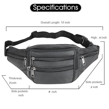 Leather Fanny Pack Travel Waist Bag 7 Pockets Waist Pack.Suitable for Outdoor Mountaineering Travel Camping Cycling Running etc FANNING511 Fanny pack (Black)