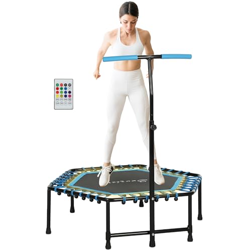 Soozier 45" Rebounder Trampoline for Adults, Mini Trampoline Indoor with Colorful LED Lights and Adjustable Handle, Quiet and Safe Bungee Rebounder