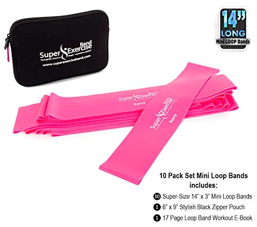 USA 14" x 3" Extra Long Latex Free Mini Loop Bands in 3, 5, 10 Pack Sets. 10 Strengths for Resistance Training, Stretching, Yoga, Toning. Plus an Exclusive iPhone App and E-Book. - color: o. Fuchsia Pink HEAVY Loop Band 10 Pack