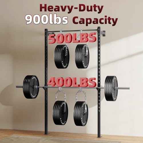 Wall Mounted Power Cage, 900lbs Squat Rack with Pull Up Bar for Home Gym, Space-Saving 2"x2" Pull-Up Station with Adjustable J-Hooks for Garage & Apartment