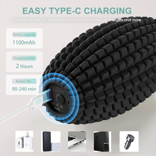 Silicone Vibrating Massage Ball with Rolling Head, 3-Speed Myofascial Massage Roller for Plantar Fasciitis Relief, Hip & Psoas Release, Trigger Point Therapy for Neck, Back, Foot (Black) - color: Black