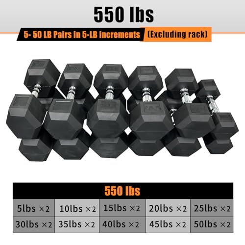 Dumbbell Set 15 lb-550 lb, Rubber Hex Free Weights Without Rack, Heavy-Duty Home Gym Equipment for Strength Training, Muscle Building and Full Body Workouts - style: 550lb