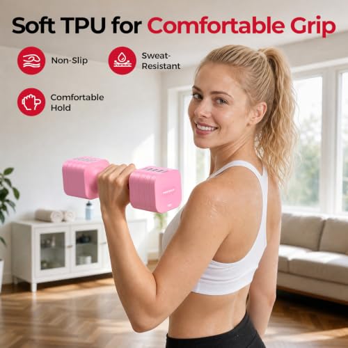 FEIERDUN DB3 5-in-1 Adjustable Dumbbell Set, 6LB/10LB Pair Adjustable Weights for Women at Home, Dual Locking Stable Hand Weights with TPU Soft Handle, Home Gym, Rehab, Pilates, Yoga, Strength Training - color: B-Cute Pink, style: 6LBS Pair (12LBS Total)
