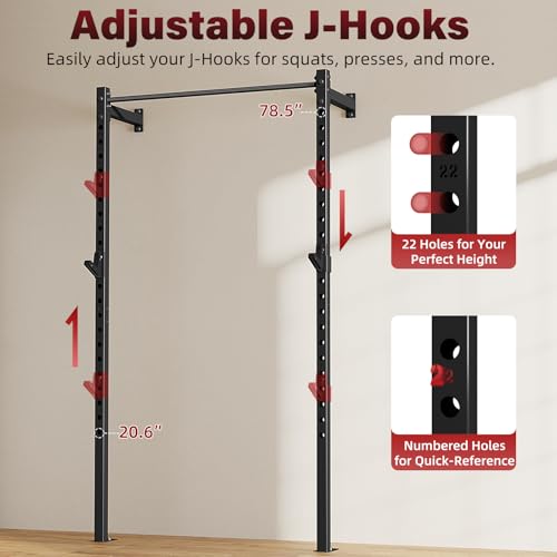 Wall Mounted Power Cage, 900lbs Squat Rack with Pull Up Bar for Home Gym, Space-Saving 2"x2" Pull-Up Station with Adjustable J-Hooks for Garage & Apartment
