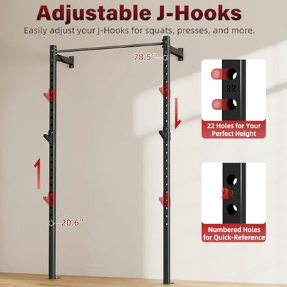 Wall Mounted Power Cage, 900lbs Squat Rack with Pull Up Bar for Home Gym, Space-Saving 2"x2" Pull-Up Station with Adjustable J-Hooks for Garage & Apartment