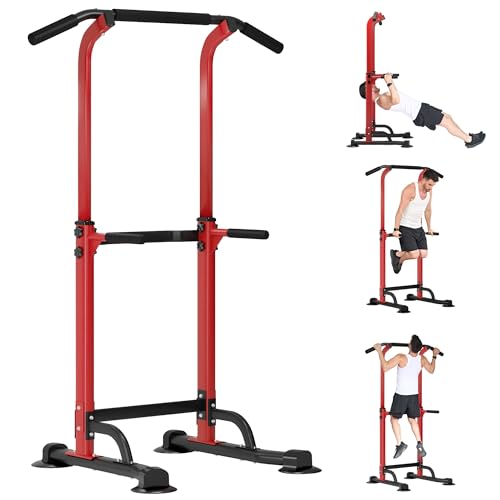 Multi-Functional Power Tower for Home Gym: Adjustable Pull Up & Dip Station with 400 LBS Capacity, Space Saving Strength Training Equipment for Men and Women - color: Red