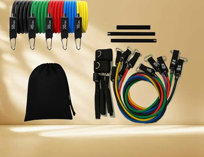 Resistance Bands Set with Steel Bar - 5 Tube Bands, Door Anchor, Handles, Ankle Straps & Carry Bag, Full Body Home Gym Kit