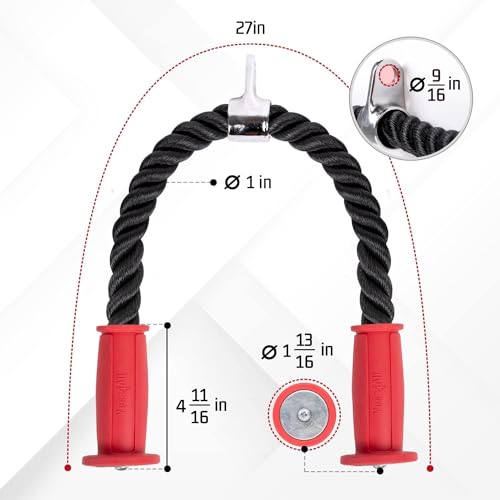 Yes4All Deluxe Tricep Rope Cable Attachment, 27 & 36 inch with 4 Colors, Exercise Machine Attachments Pulley System Gym Pull Down Rope with Carabiner - color: I. Tricep Rope Ergonomic