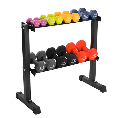 146 Pound Neoprene Coated Non Slip Dumbbells with Rack for Strength Training, Includes 3, 5, 8, 10, 12, 15, & 20 Pound Sets, Multicolor